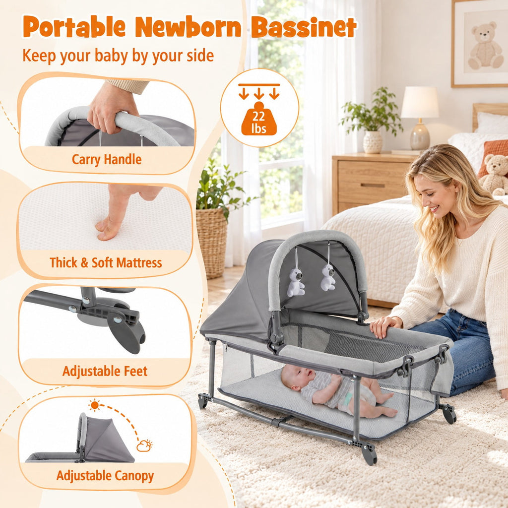Airfind 5-in-1 Portable Child Playard with Cradle and Storage Basket, 33 Lbs Capacity, Polyester Fabric Sponge Iron PP Basic Child Playard, Gray