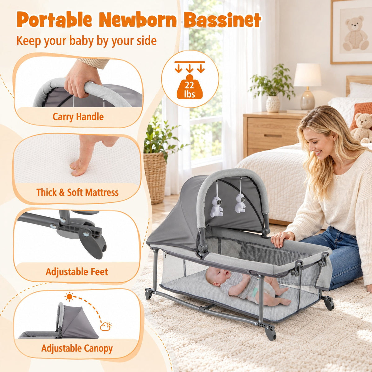 Airfind 5-in-1 Portable Child Playard with Cradle and Storage Basket, 33 Lbs Capacity, Polyester Fabric Sponge Iron PP Basic Child Playard, Gray