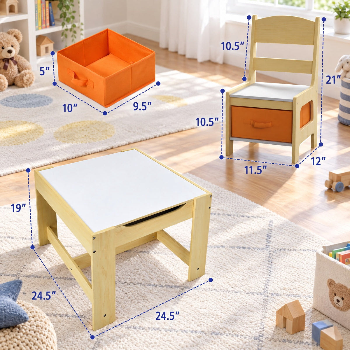 Airfind Kids Table Chairs Set With Storage Boxes Blackboard Whiteboard Drawing, P2 MDF Applicable age 3-7 Years Frame, 24.5 Inch x 24.5 Inch x 19 Inch Footprint