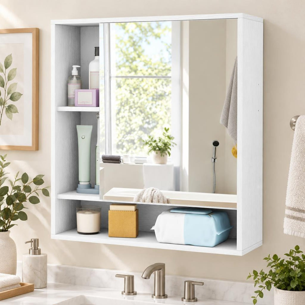 Airfind Wall Mounted Bathroom Cabinet with Mirror Single Door, 176 lbs Capacity, Glass MDF Engineered Wood Frame, 21.5 Inch x 6.5 Inch x 24 Inch Footprint
