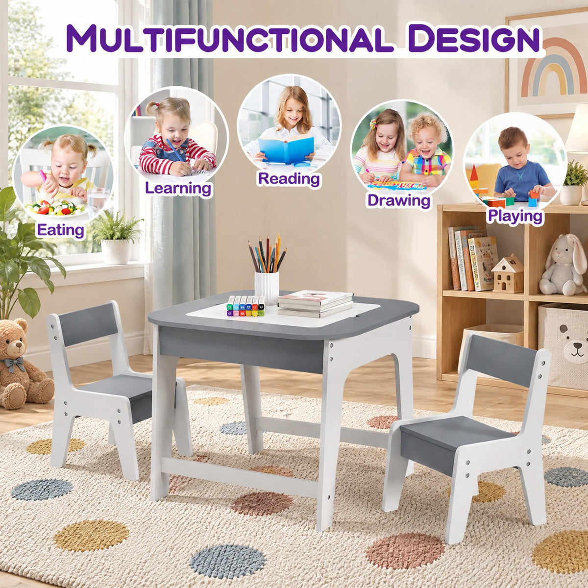 Airfind Youth Table and Chairs Set with Double-sized Tabletop, 44 Lbs Capacity, Mdf, for 3-6 Years Old for Convenient Everyday Use, Gray