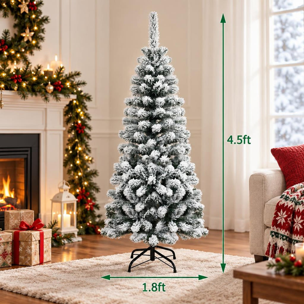 Airfind 4.5 Feet Pre-Lit Snow Flocked Pencil Christmas Tree with 150 LED Light, PVC metal Frame, Net weight 5.5 lbs Height: 4.5 ft Base: