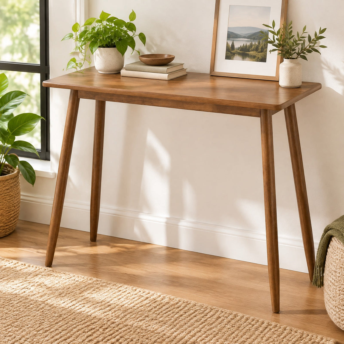 Airfind Computer Desk with Rubber Wood Legs Wooden Writing Desk with Spacious Tabletop, 40 x 15.5 x 39.5Weight Footprint, Walnut