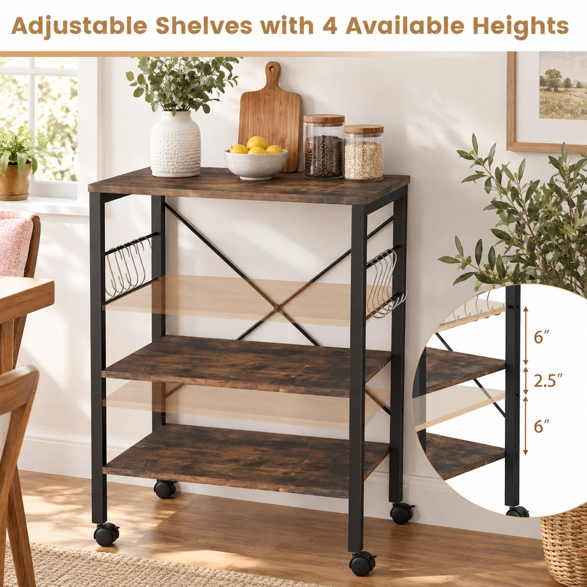 Airfind 3-Tier Kitchen Bakers Rack Microwave Oven Storage Cart with Hooks, 44 lbs Weight capacity of each shelf: 22 lbs Capacity, Iron Frame, Brown