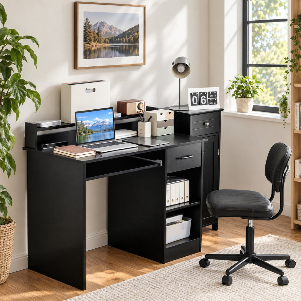 Airfind Study Laptop Table with Drawer and Keyboard Tray, 201 lbs Capacity, Engineered Wood MDF Frame, Black