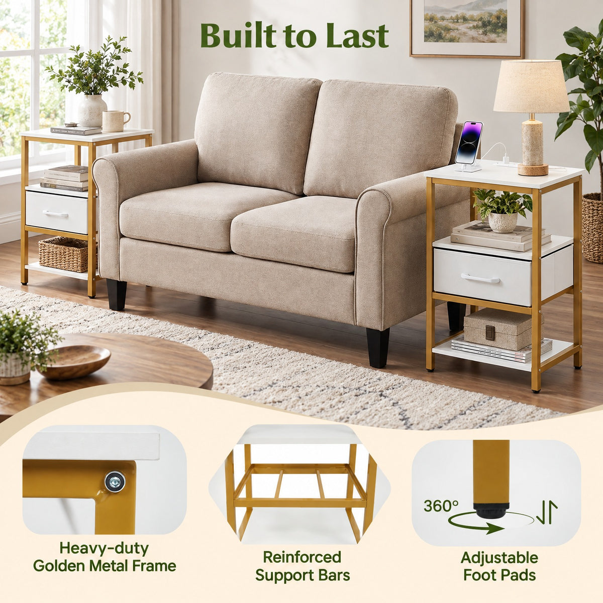 Airfind Nightstand with Charging Station and Adjustable Fabric Drawer for Bedroom and Living Room-Set of 2, 44 lbs Capacity, White and Gold