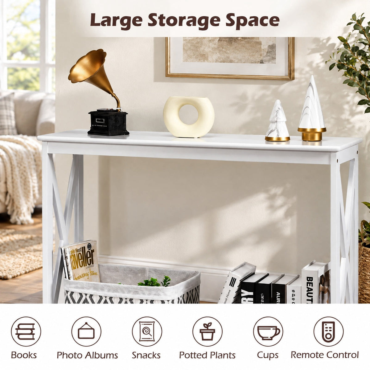 Airfind 2-Tier Console X-Design Sofa Side Accent Table, 66 lbs Capacity, P2 MDF Frame, 39.5 x 12 x 31.5 Footprint, White