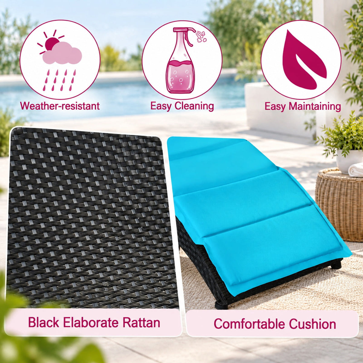 Airfind Folding Patio Rattan Portable Lounge Chair Chaise with Cushion, PE rattan steel non-woven fabric sponge Frame, Turquoise