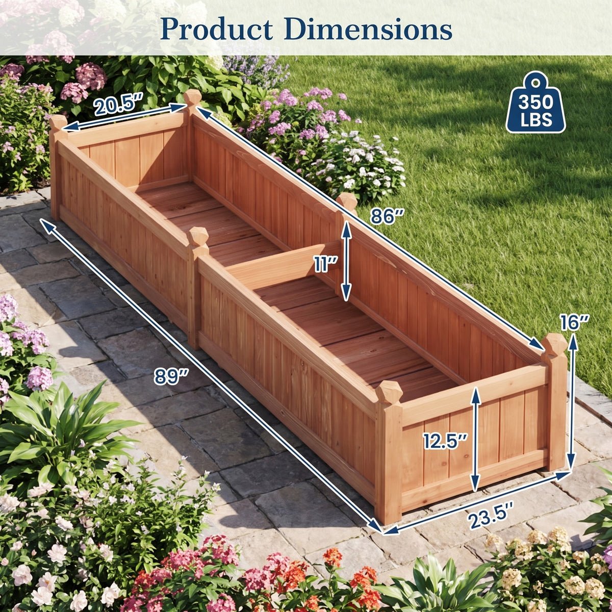 Airfind 91 x 24 x 16 Inch Divisible Planter Box with Corner Drainage and Non-woven Liner for Growing Vegetables, Fir Wood Frame, Brown