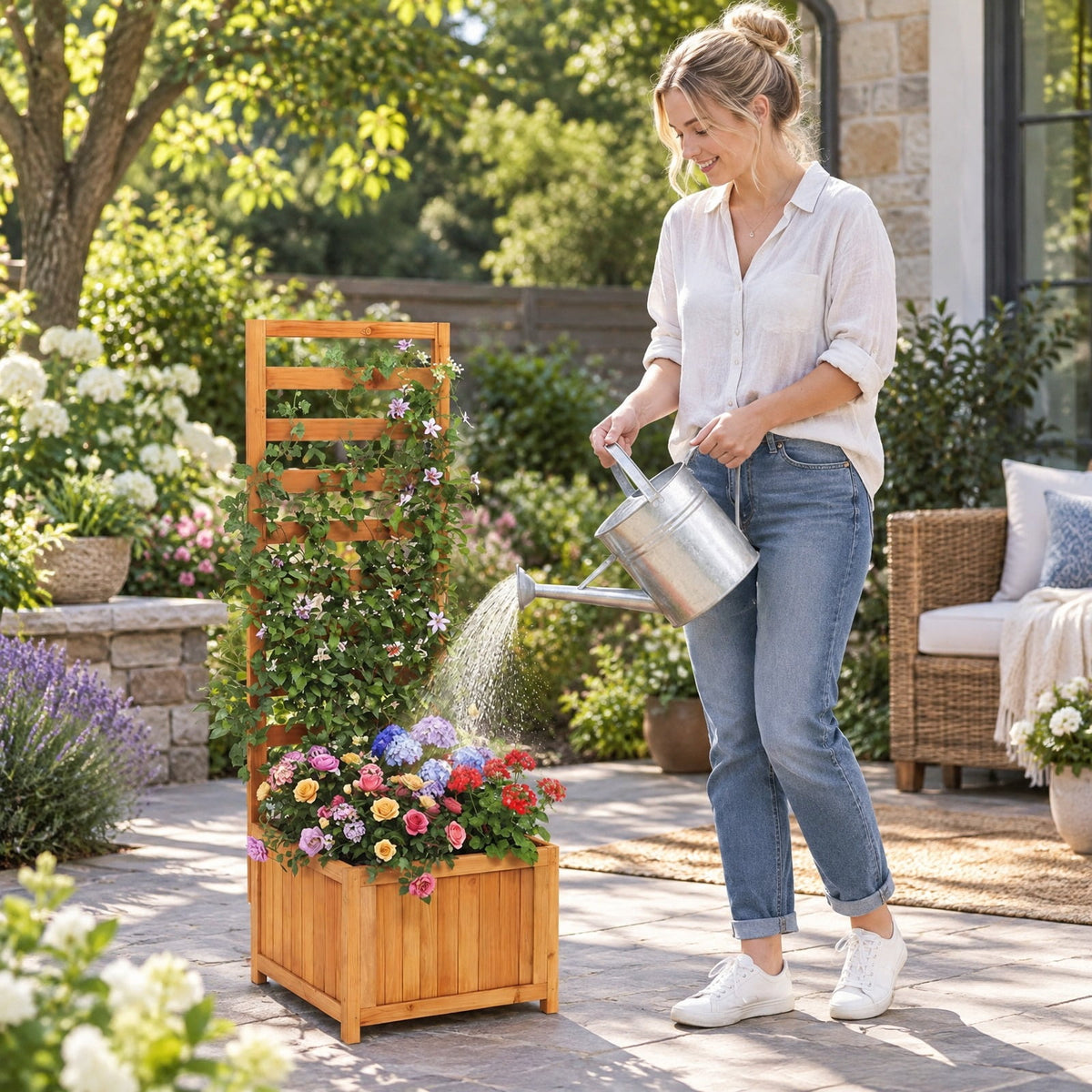 Airfind 48 Inch Wood Raised Garden Bed with Trellis with Drainage Holes, 44 lbs Capacity, Wood Frame, 17 Inch x 16 Inch x 48 Inch Planter Box Interior Footprint