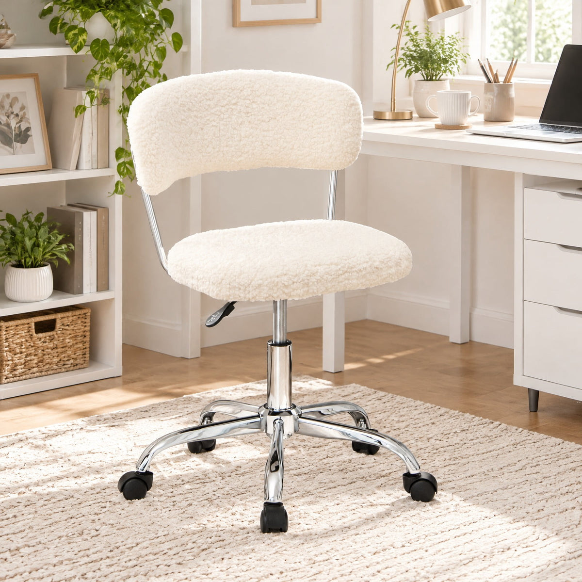 Airfind Computer Desk Chair Adjustable Sherpa Office Chair Swivel Vanity Chair, 330 lbs Capacity, Sherpa plywood sponge steel Frame, White