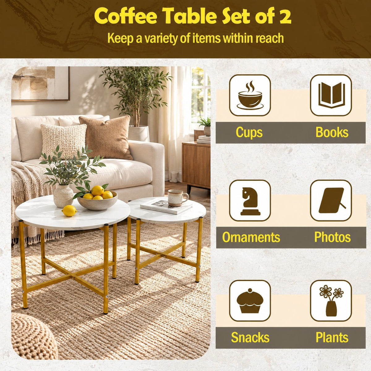 Airfind Round Coffee Table Set of 2 with Heavy-Duty Metal Frame, 200 lbs Capacity, Engineered Wood Metal Frame, 25.5 x 25.5 x 20 Footprint, White