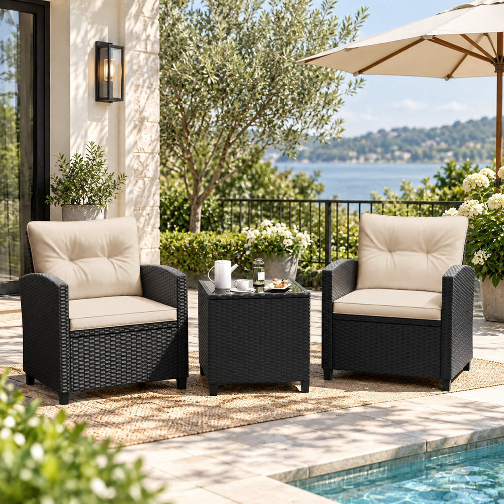 Airfind 3 Pieces Patio Furniture Set with Tempered Glass Coffee Table, 400 lbs Capacity, PE Rattan Metal Tempered Glass Polyester Sponge Frame