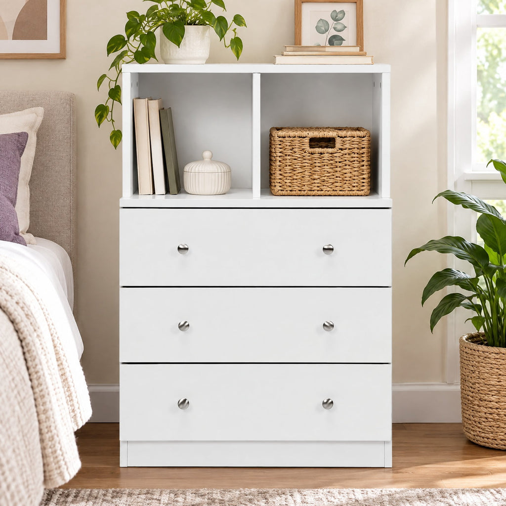 Airfind 3 Drawer Dresser with Cubbies Storage Chest for Bedroom Living Room, Engineered wood metal Frame, 24in x 16in x 37in Footprint, White