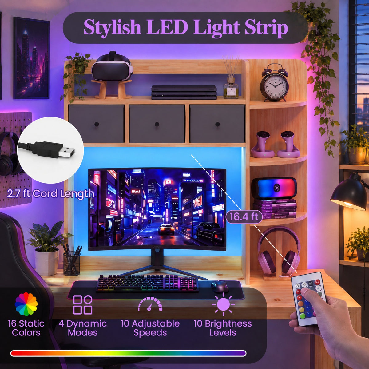 Airfind Desktop Bookshelf with LED Lights 5-Tier Shelves and 3 Drawers for Home Officce, 88 lbs Capacity, Engineered Wood Fabric Frame, Brown