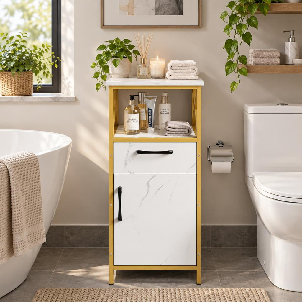 Airfind Bathroom Storage Cabinet with Drawer Single Door and Open Shelf, 44 lbs Capacity, Engineered Wood Metal Frame, 14in x 12in x 31in Footprint