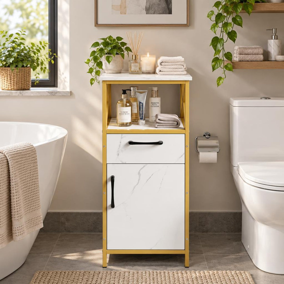Airfind Bathroom Storage Cabinet with Drawer Single Door and Open Shelf, 44 lbs Capacity, Engineered Wood Metal Frame, 14in x 12in x 31in Footprint