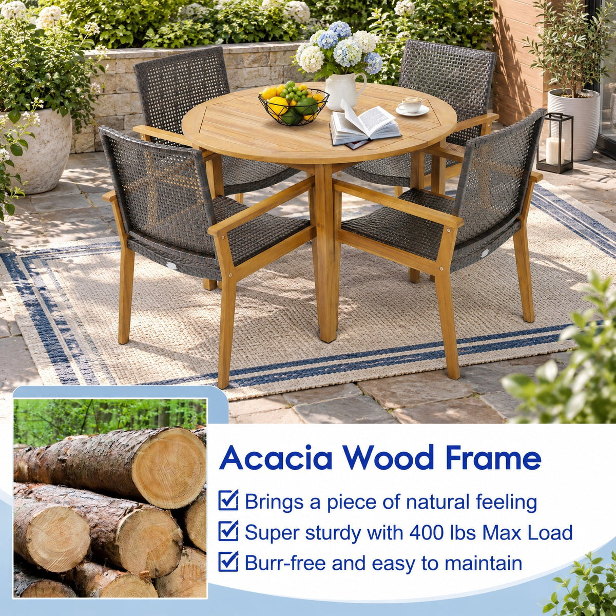 Airfind Set of 4 Outdoor Rattan Chair with Sturdy Acacia Wood Frame-Set of 4, 400 lbs Total Capacity, Acacia Wood PE Rattan Metal Frame, Wood