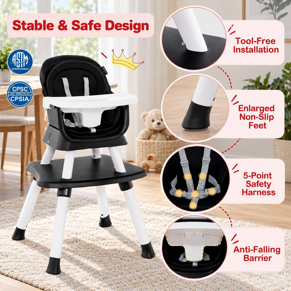 Airfind 6-in-1 Convertible Youth High Chair with Adjustable Removable Tray, 55 lbs Capacity, PP PU for Everyday Use, Unspecified