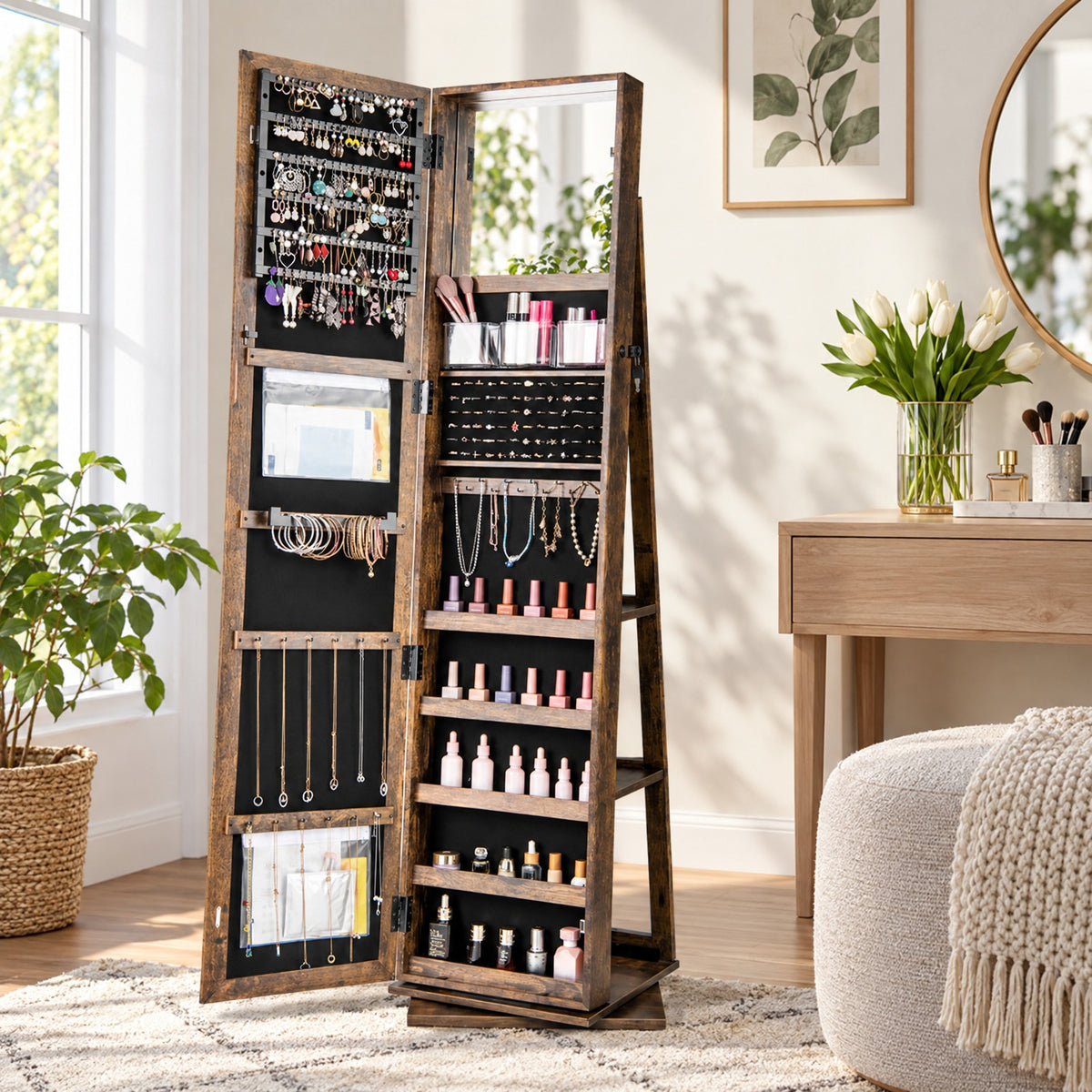 Airfind 360° Swivel Jewelry Armoire Standing Jewelry Organizer with Full Length Mirror and Back Shelves, MDF Glass Frame, Brown
