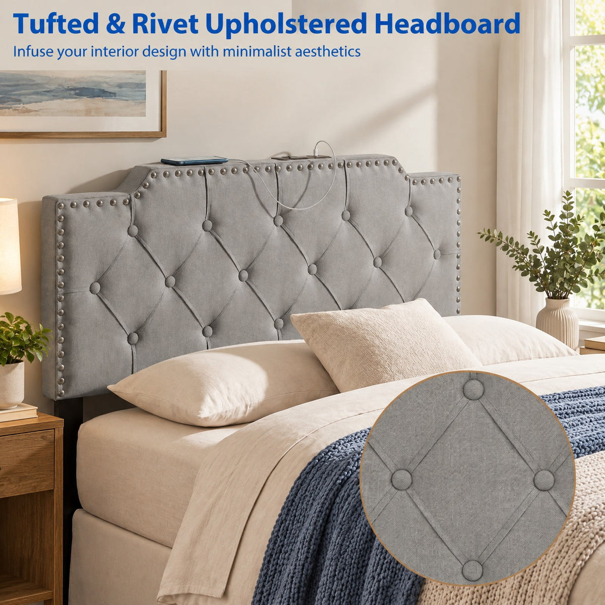 Airfind Headboard for Queen and Full Size Bed Rivet Tufted Upholstered Head Board, Rubber Wood Polyester Sponge MDF Frame, 63 x 4 x 45 Footprint