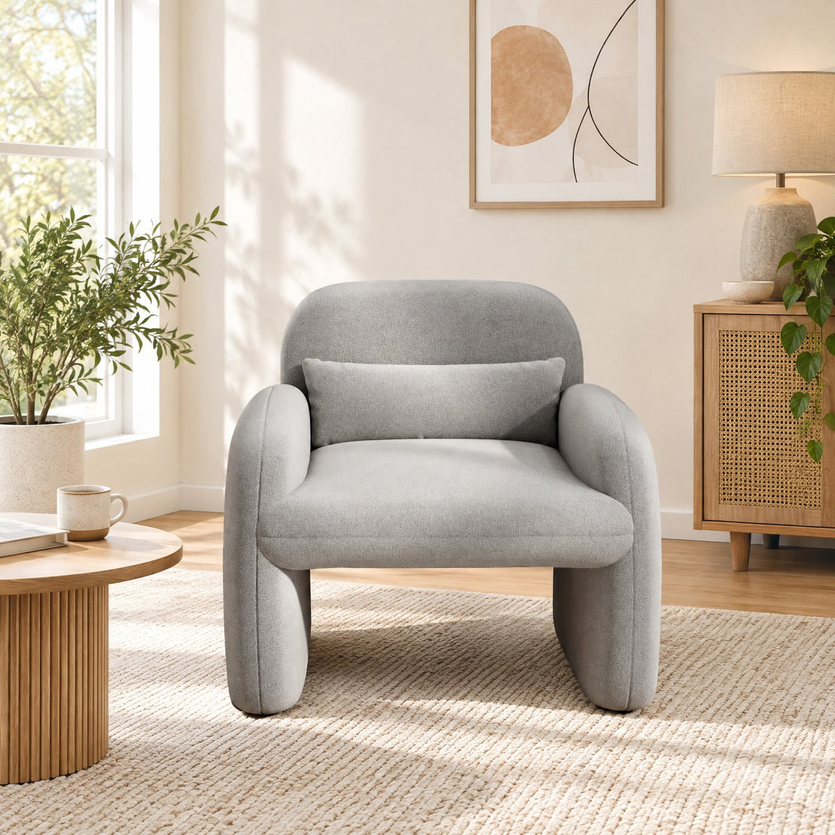 Airfind Modern Accent Chair with Waist Pillow and Armrests for Living Room Bedroom, 440 lbs Capacity, Sherpa Fabric Sponge Wooden Frame, Grey