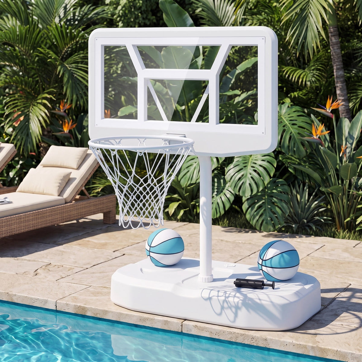 Airfind Pool Basketball Hoop Set with 2 Balls and Inflation Pump, Poolside Water Basketball Game with Weighted Fillable Base and Shatterproof Backboard for, White