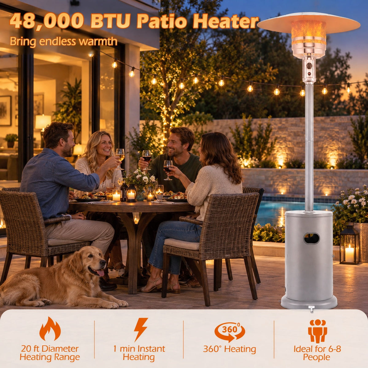 Airfind 50000 BTU Propane Patio Heater with Round Table Design, Aluminum 304 Stainless Steel Metal Frame, 32 x 87 Footprint, Gray