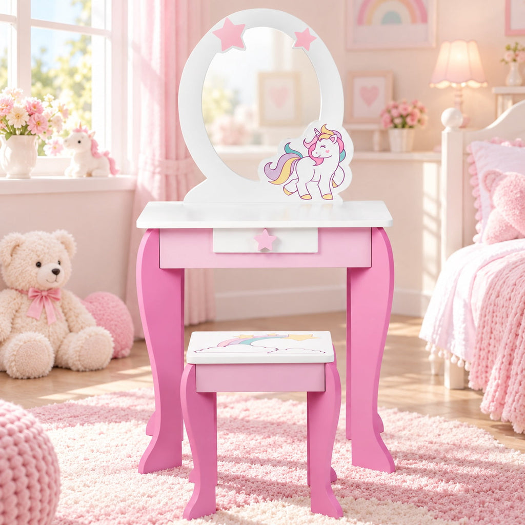 Airfind Kids Wooden Makeup Dressing Table and Chair Set with Mirror and Drawer, MDF Frame, 19 Inch x 14 Inch x 35 Inch Footprint, Pink