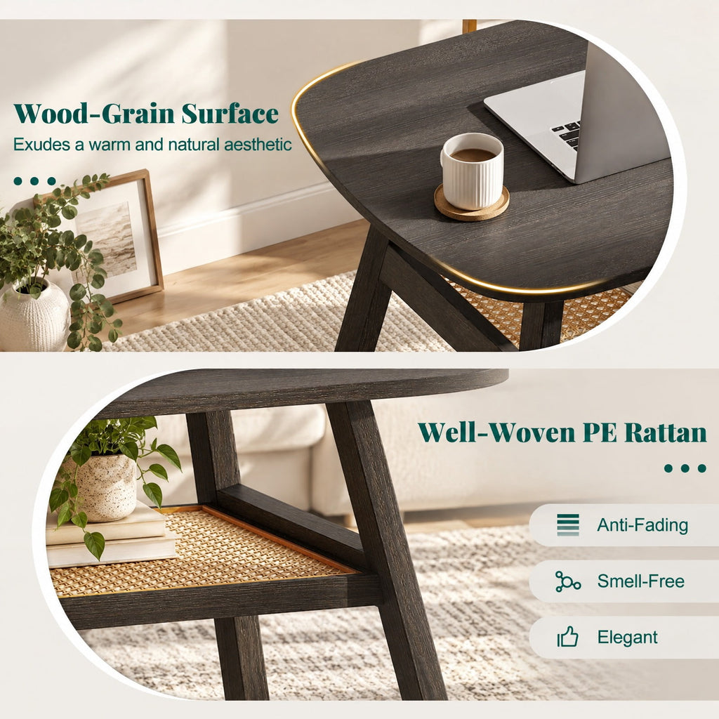 Airfind 2-Tier Rectangular Center Coffee Table with Rattan Storage Shelf and Rubber Wood Legs, 220 lbs Capacity, 39.5 x 22 x 17.5 Footprint