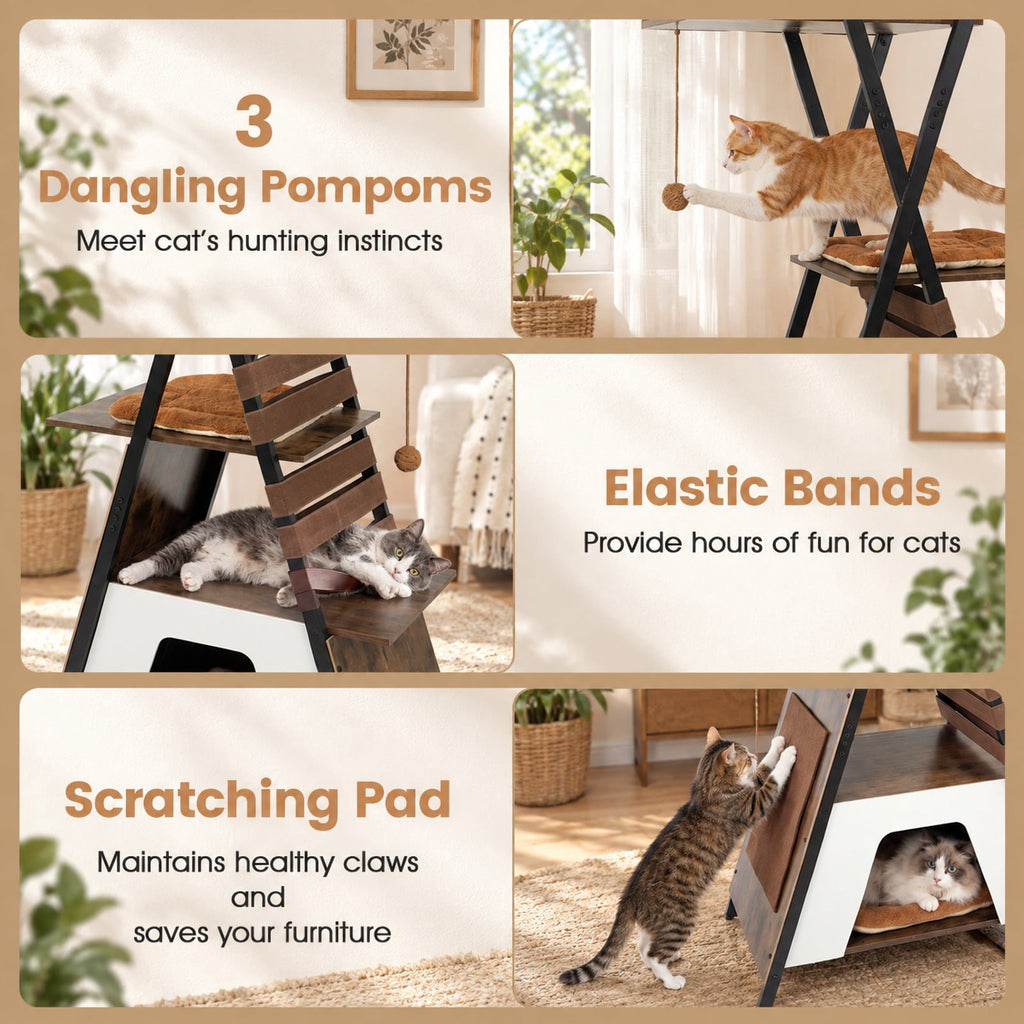 Airfind 73 Inch Multi-level Cat Tree for Indoor Cats with Elevated Perch and Large Condo, 44 lbs Capacity, Engineered Wood Frame, Brown