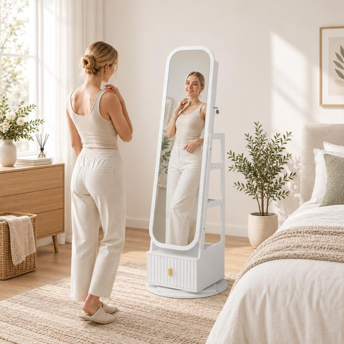 Airfind 360° Swivel Jewelry Cabinet with Full-Length Mirror and Dual Hooks, Engineered Wood Frame, 22 x 22 x 64.5 Footprint, White