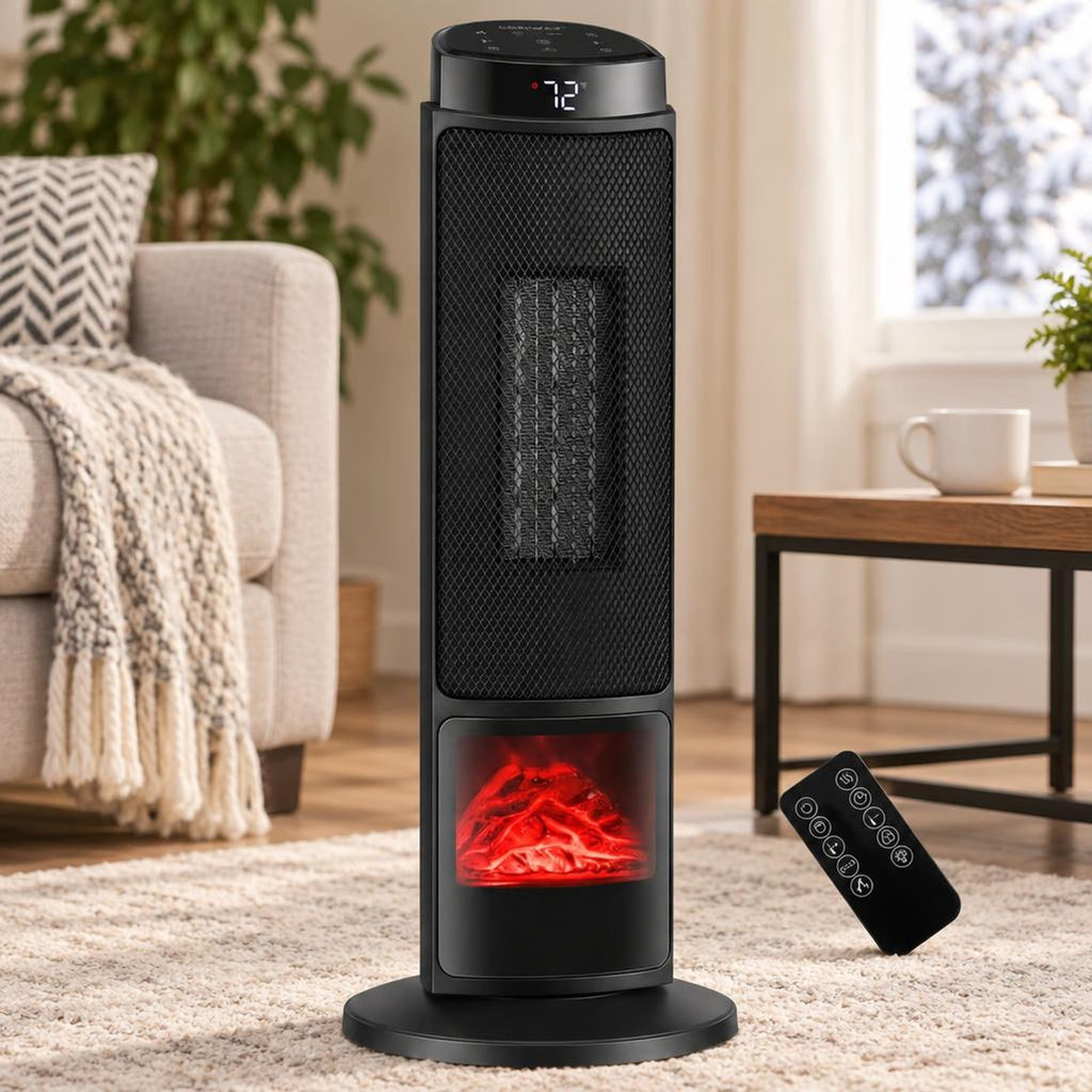Airfind 24 Inch 1500W PTC Ceramic Tower Space Heater with 7-Color Flame, 9 Inch x 24 InchLength of Footprint for Everyday Use, Black
