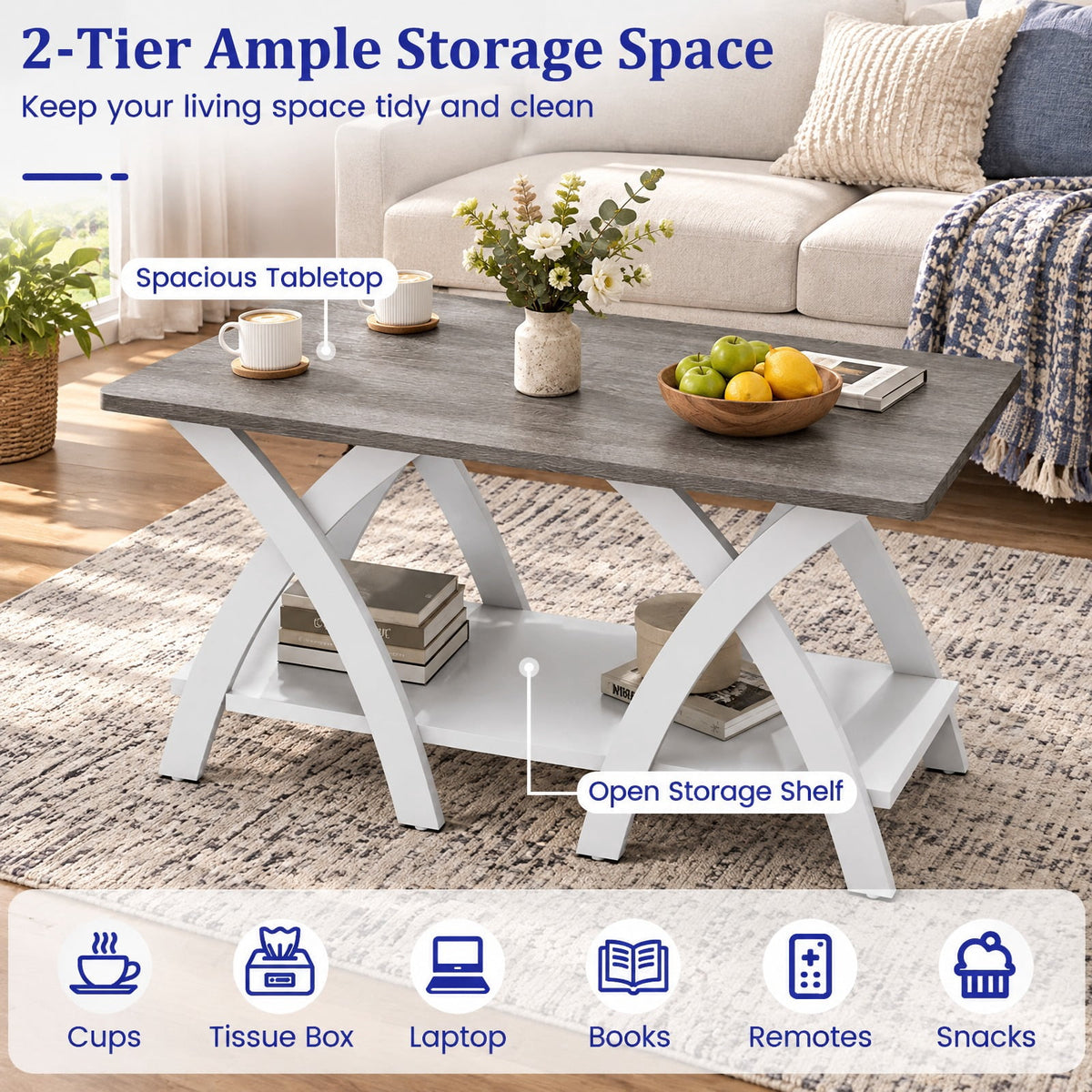 Airfind 40 Inch Farmhouse Wooden Coffee Table with Storage Shelf with X-shaped Legs, 155 lbs Capacity, Rubber Wood Plywood MDF Frame, Gray