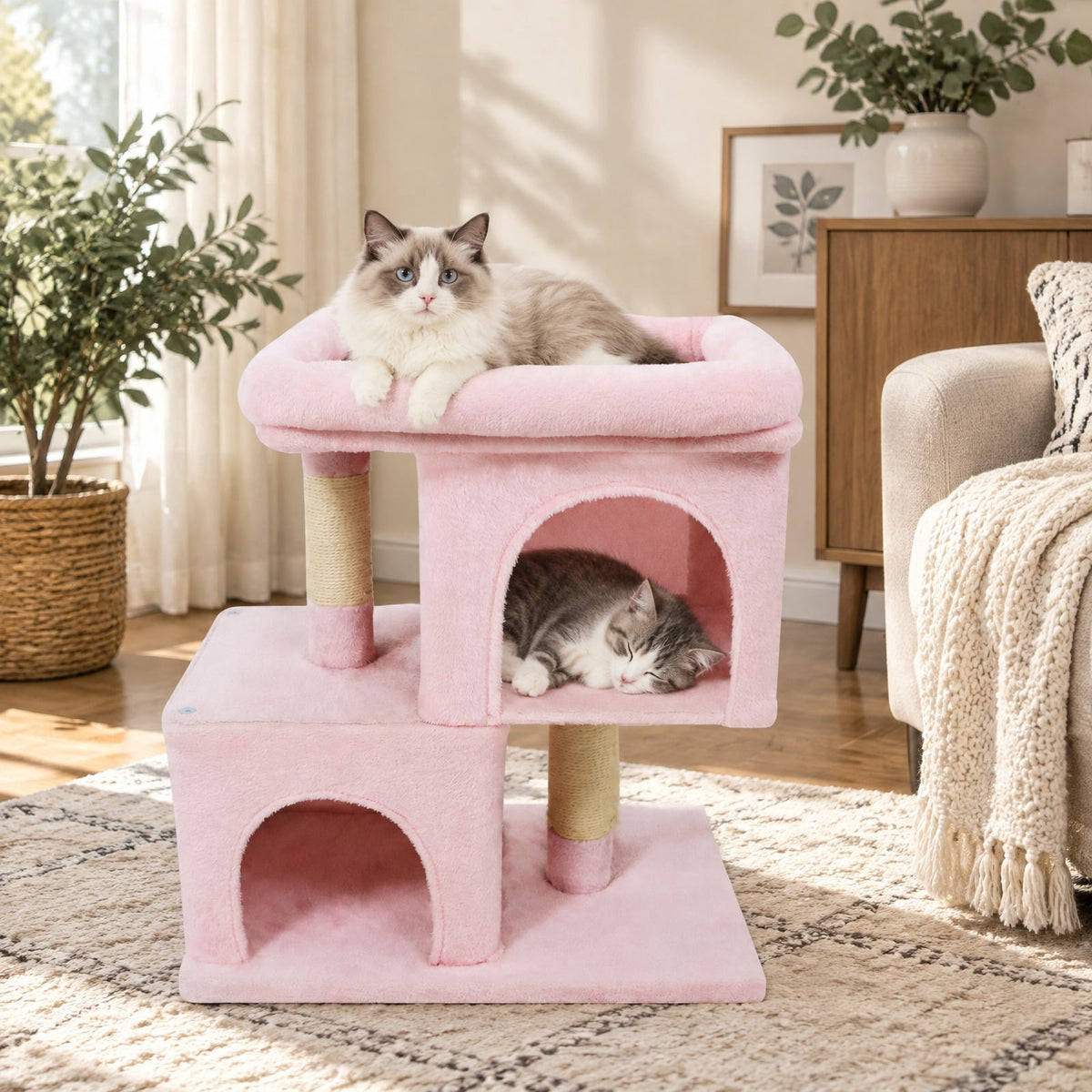 Airfind Modern Cat Tree Space-saving Cat Tower with Upholstered Perch and 2 Cat Condos, 22 lbs Capacity, 24 x 16 x 25.5 Condo Footprint, Pink