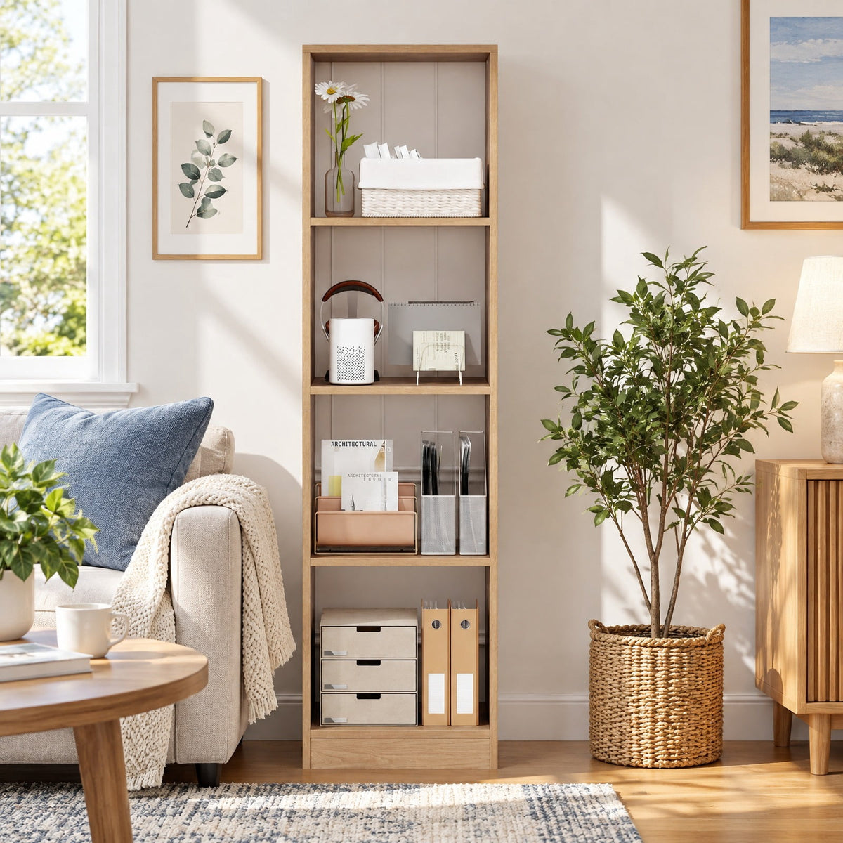 Airfind 5 Tiers 4-Cube Narrow Bookshelf with 4 Anti-Tipping Kits, 165 lbs Capacity, Engineered Wood Frame, 15 x 13 x 56 Footprint, Natural