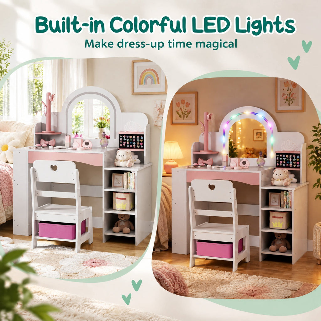 Airfind Kids Vanity Set with Colorful LED Lights Princess Makeup Dressing Table with Chair, 110 lbs Capacity, MDF Frame, 34in x 15.5in x 41in Footprint