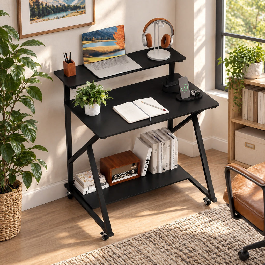 Airfind 32 Inch Rolling Computer Desk for Small Spaces with Power Outlets, 155 lbs Capacity, Engineered Wood Metal Frame, Black