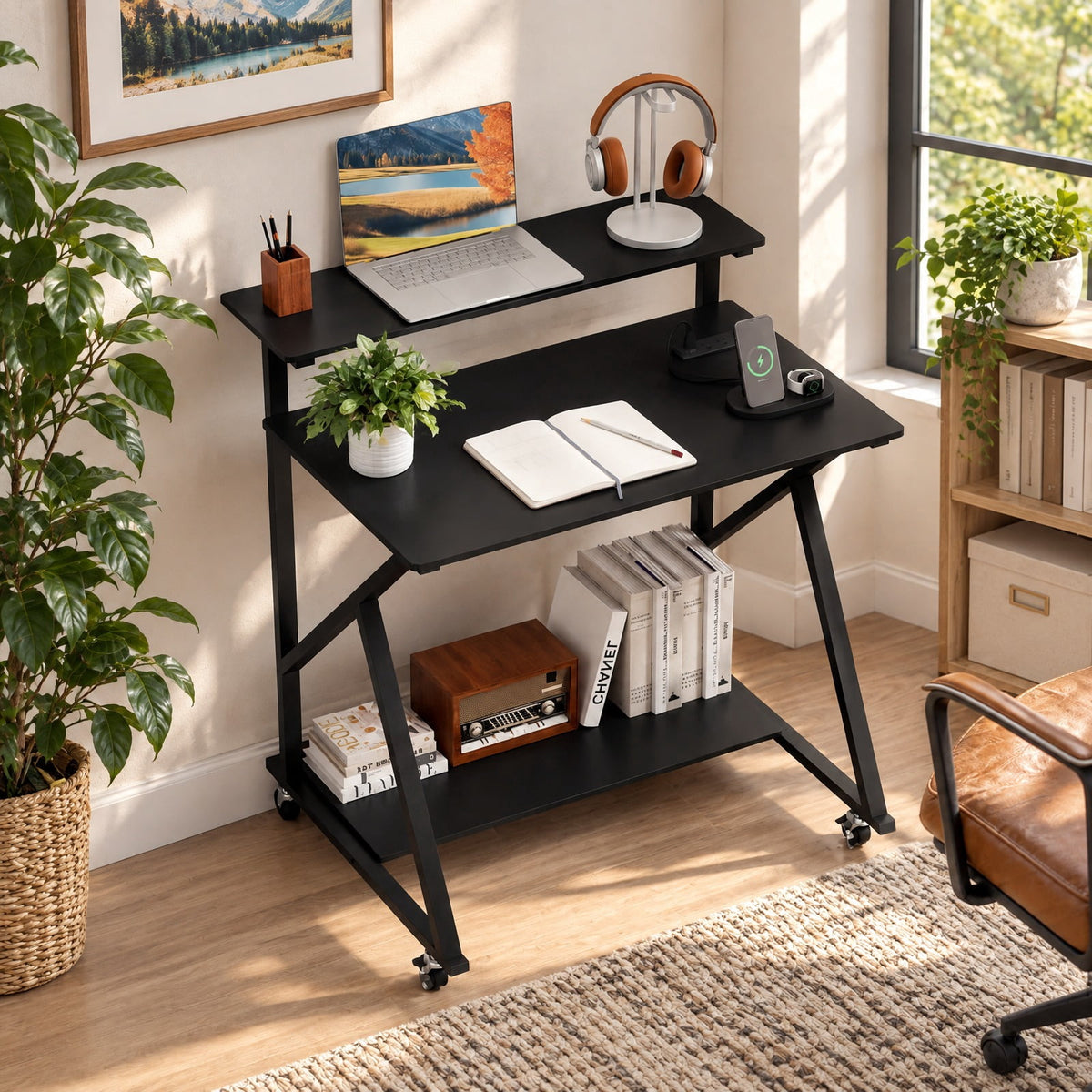 Airfind 32 Inch Rolling Computer Desk for Small Spaces with Power Outlets, 155 lbs Capacity, Engineered Wood Metal Frame, Black