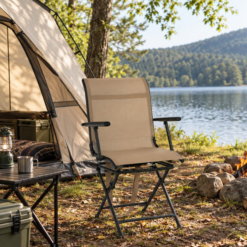 Airfind Foldable Swivel Hunting Chair with Mesh Back, Armrests and Wide Feet, 330 lbs Capacity for Ground Blind and Outdoor Use, Coffee