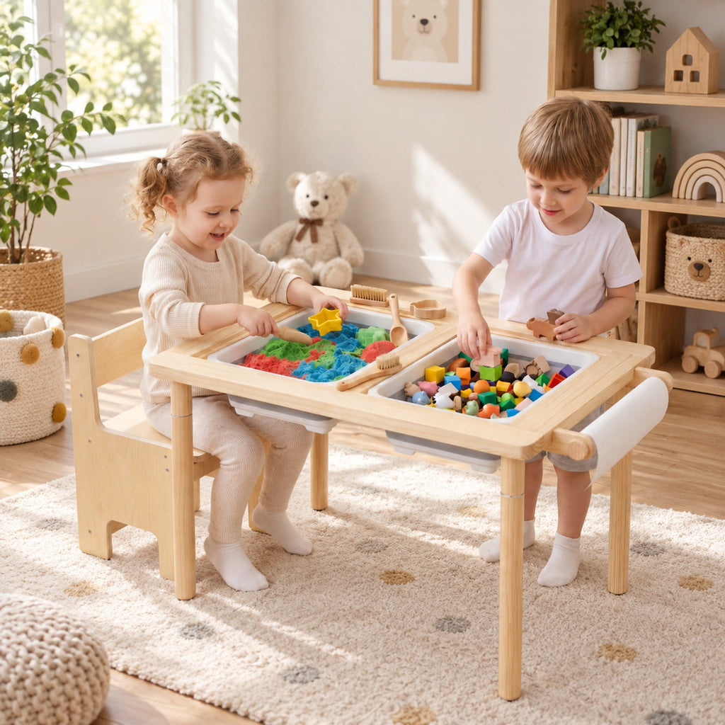 Airfind Kids Sensory Table Set with Adjustable Height and 2 Storage Bins, 165 lbs Capacity, Pine Wood Plywood Engineered Wood Frame, Natural