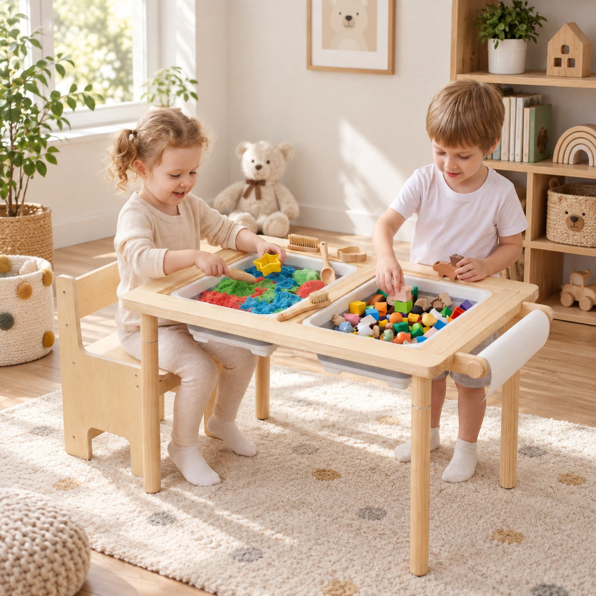 Airfind Kids Sensory Table Set with Adjustable Height and 2 Storage Bins, 165 lbs Capacity, Pine Wood Plywood Engineered Wood Frame, Natural