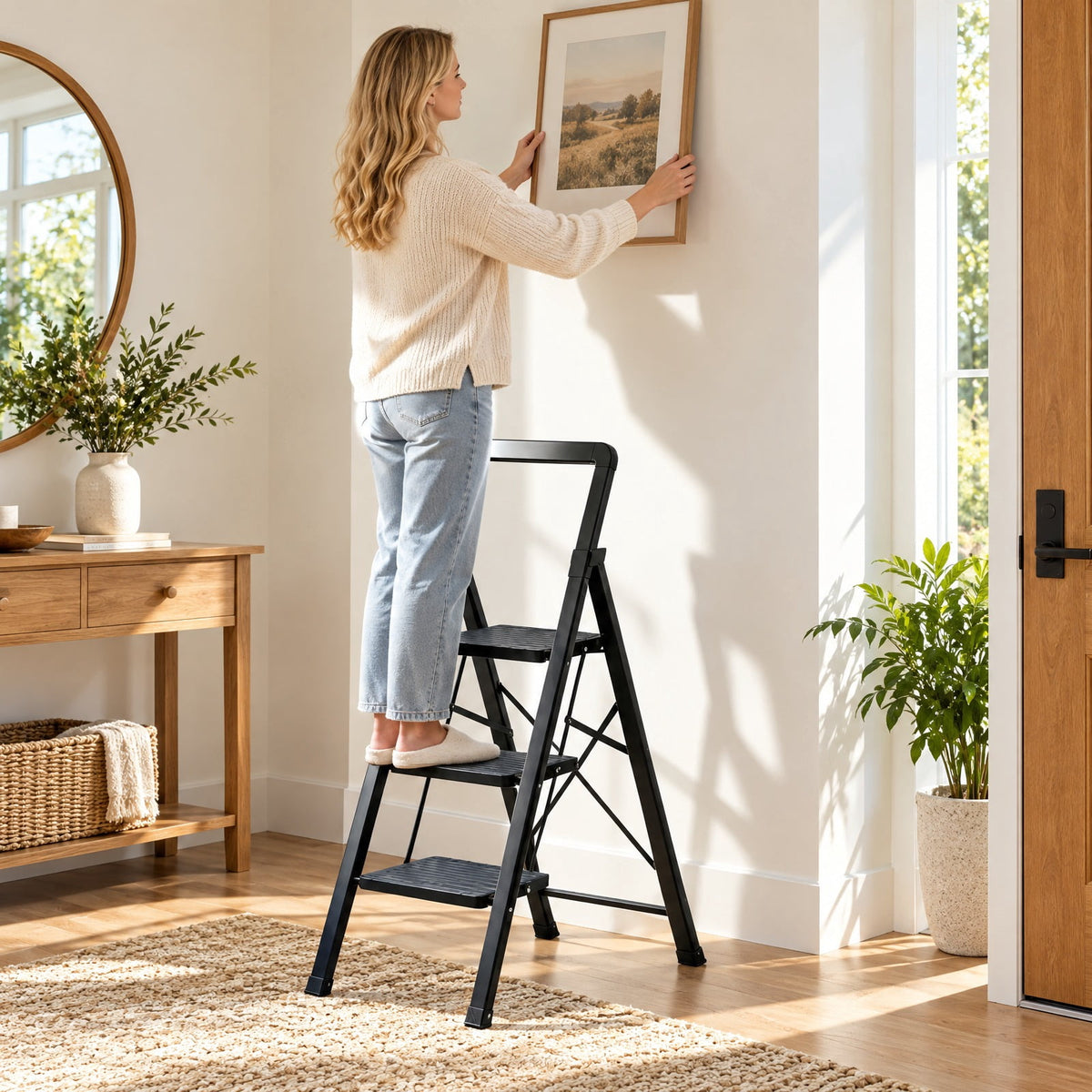 Airfind 3 Step Folding Step Stool with Wide Anti-Slip Pedals and Grip Handle, 330 lbs Capacity, Metal Frame, Black, 16.5 x 26.5 x 42