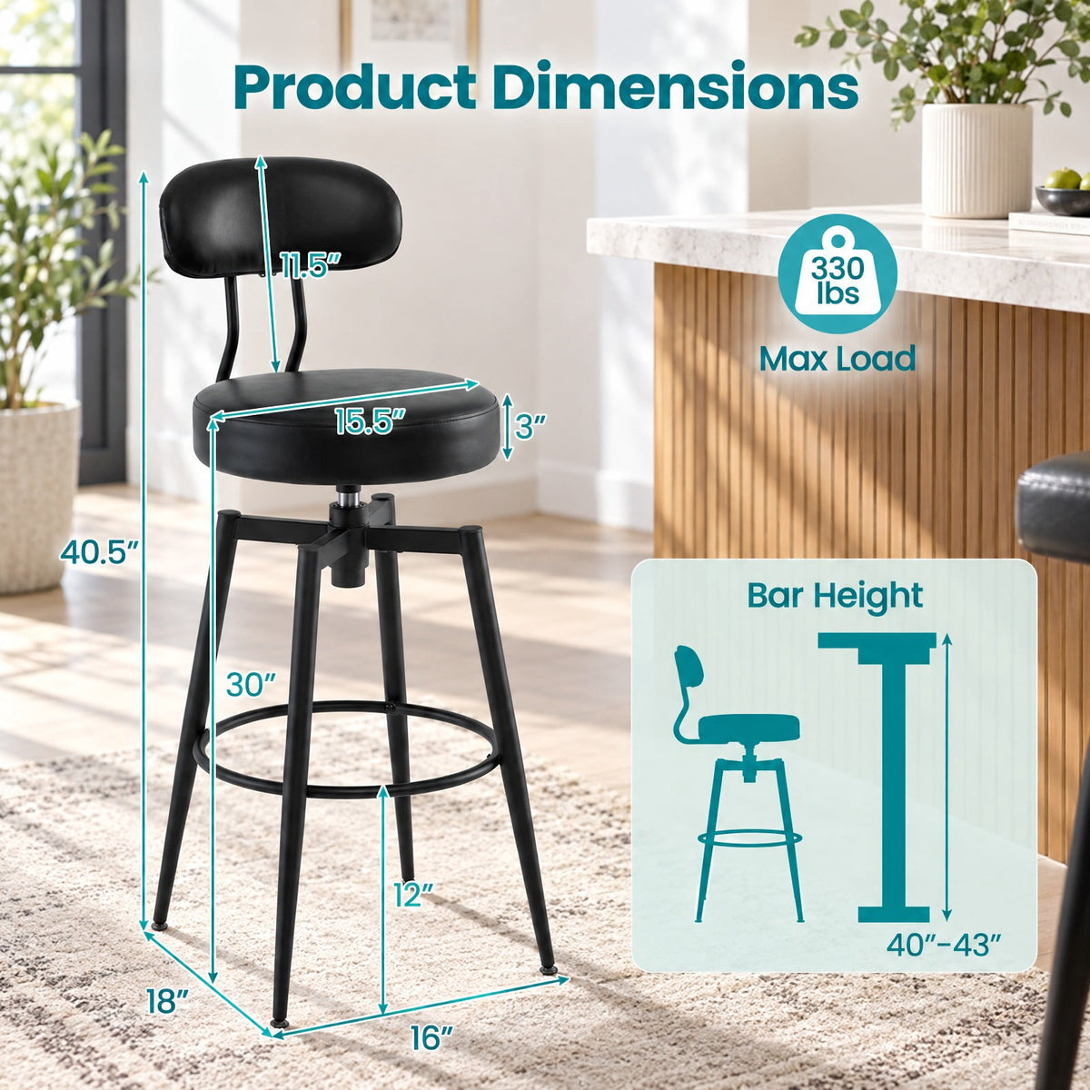 Airfind Set of 4 Swivel Barstools Faux Leather with Upholstered Seat and Back, 330 lbs Capacity, Metal PU Leather Sponge EPE Foam Plywood Frame