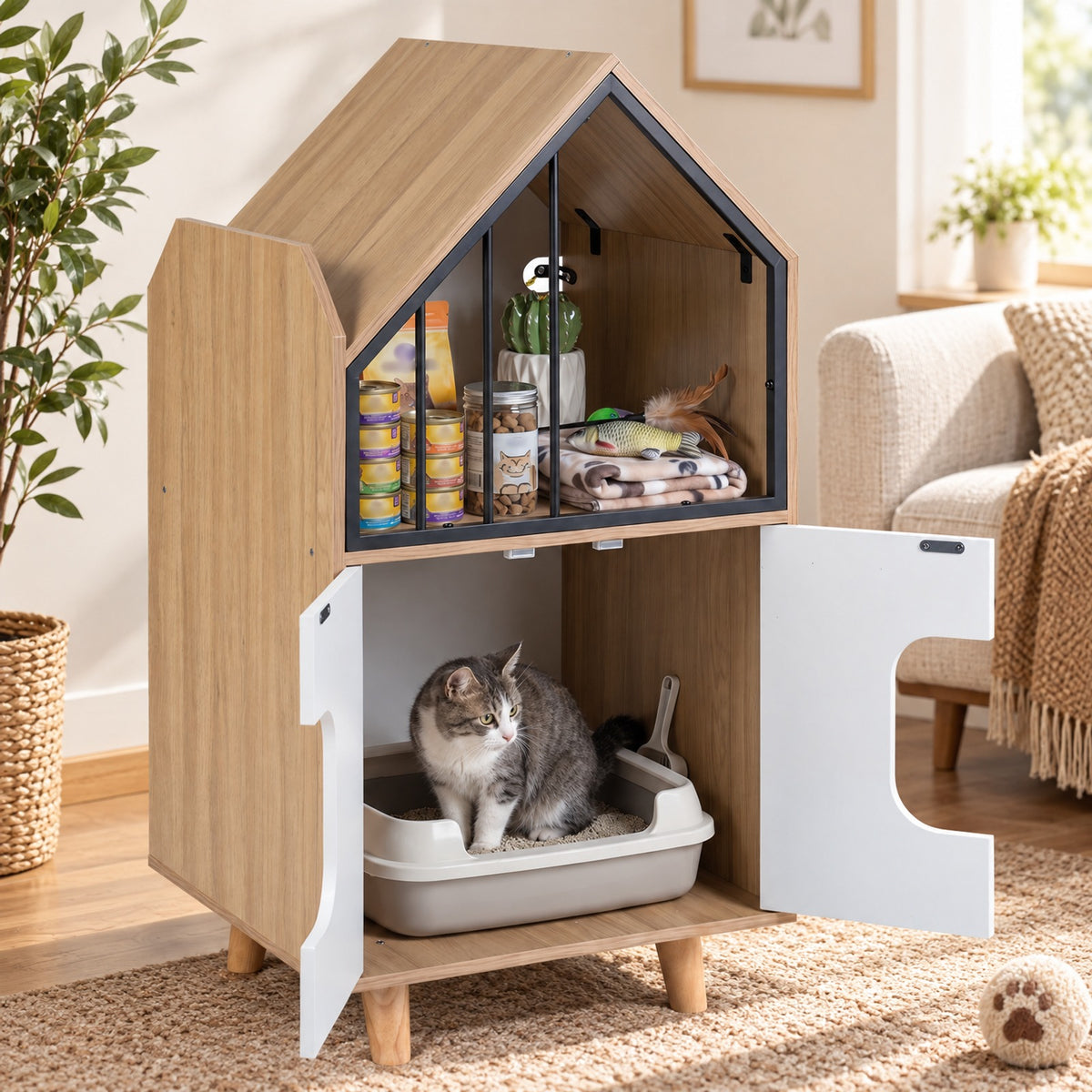 Airfind Cat Litter Box Enclosure, with Shelf and 2 Doors Wooden House, 44 lbs Capacity, Engineered Wood Rubber Wood Metal Frame, Natural