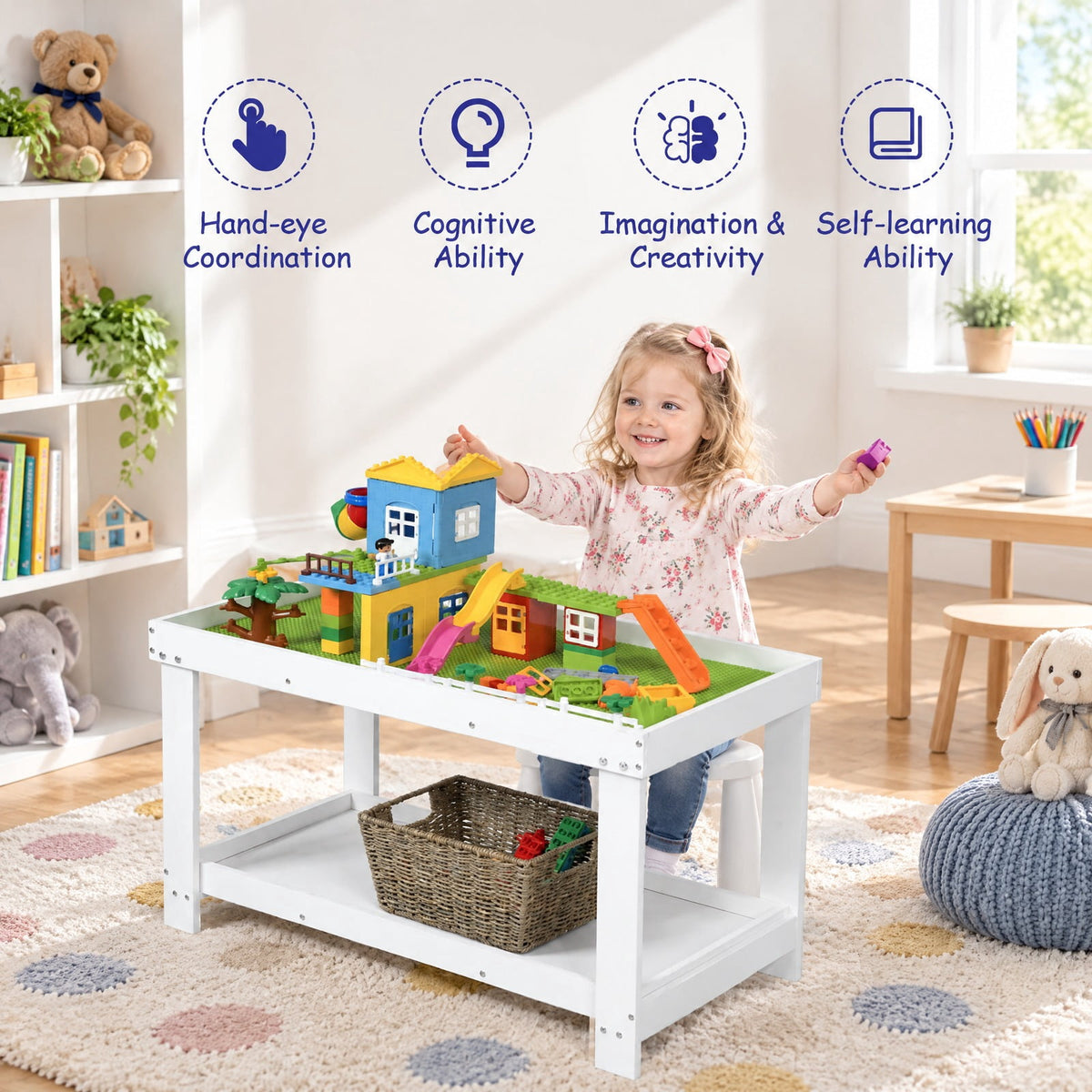 AIRFIND Kids Activity Table with Removable Top and Building Block Board, Hidden Toy Storage and Lower Shelf, 32.5 in Pine, White