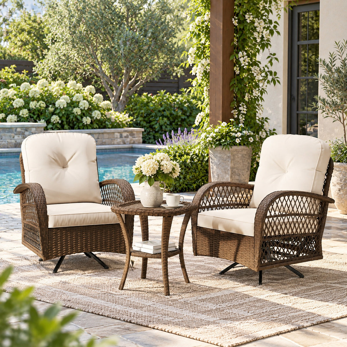 AIRFIND Patio Swivel Rocker Set of 3 with Cushioned Chairs, Tempered Glass Side Table and Metal Frame, 400 lb Chair Capacity, White