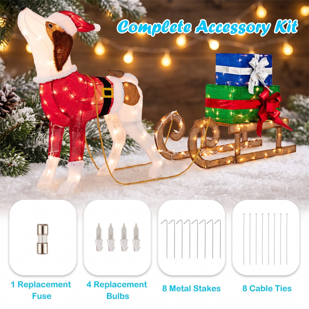 Airfind Outdoor Pre-lit Xmas Dog and Sleigh with 170 Warm Bright Lights for Porch, Fabric Metal