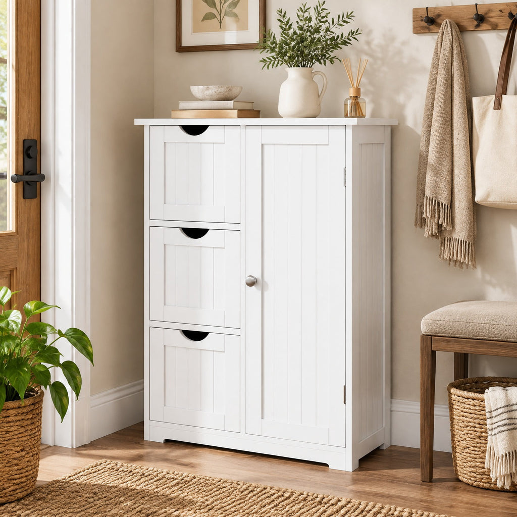 Airfind Bathroom Floor Cabinet Side Storage Cabinet with 3 Drawers and 1 Cupboard, MDF Frame, 24 x 12 x 32 Footprint, White
