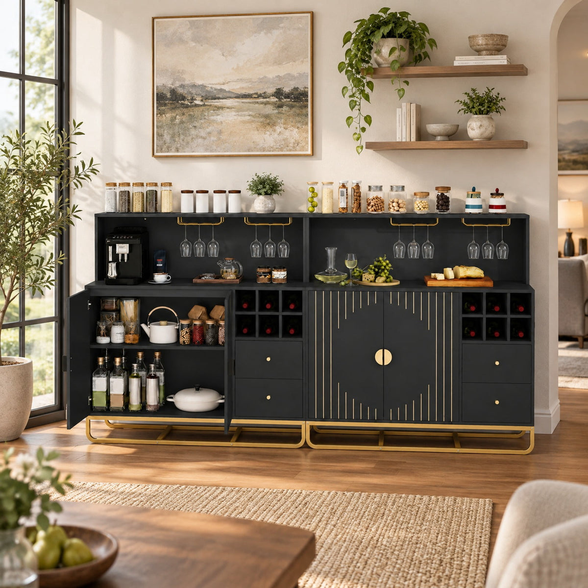 Airfind Home Bar Cabinet with Wine Rack Glass Holder and Adjustable Shelf, 47 Inch x 16 Inch x 48.5 Inch Inner Footprint, Black
